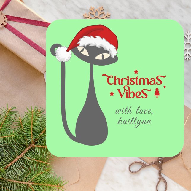 Adesivo Quadrado Natal de Gato Negro Atômico Retro Verde (Criador carregado)