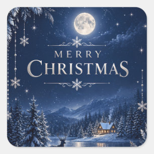 Adesivo Quadrado Natal de Inverno Elegante, Meia-Noite Azul Neve