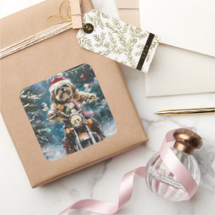 Adesivo Quadrado Natal de Motocicleta de Lhasa Apso