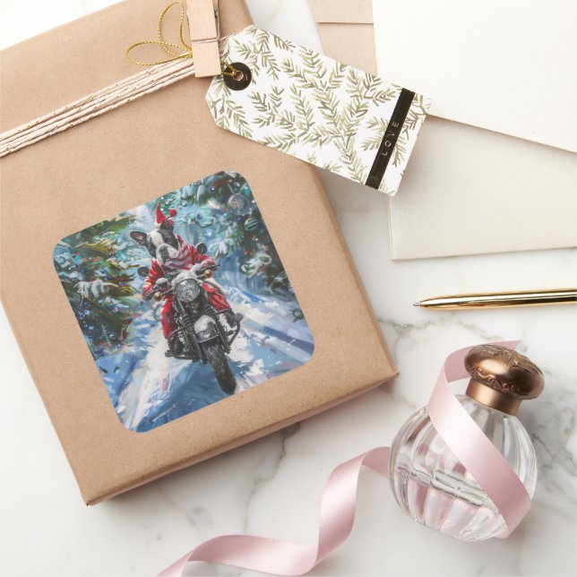 Adesivo Quadrado Natal de Motocicleta em Boston Terrier (Presentear)