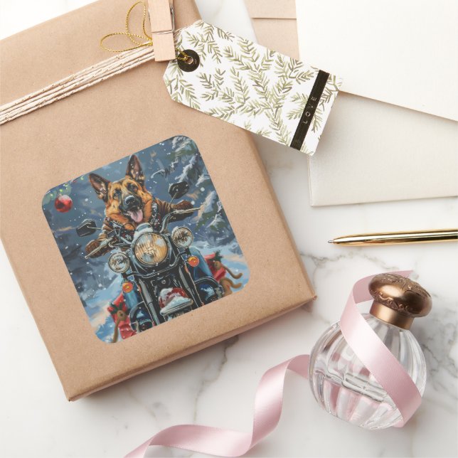 Adesivo Quadrado Natal de Motocicleta german shepherd (Presentear)