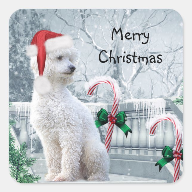 Adesivo Quadrado Natal de Poodle Branco (Frente)