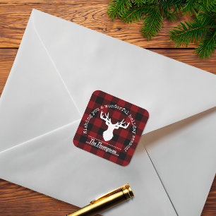 Adesivo Quadrado Natal de Xadrez de Búfalo Vermelho e Preto com Ren