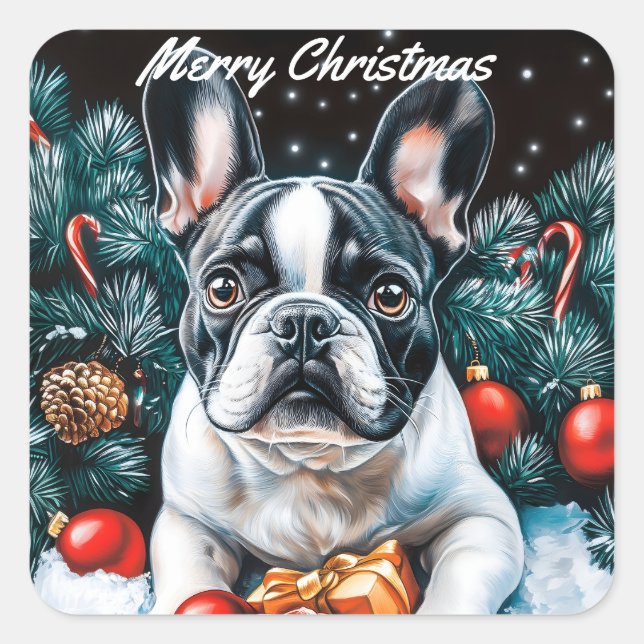 Adesivo Quadrado Natal do Buldogue Francês (Frente)