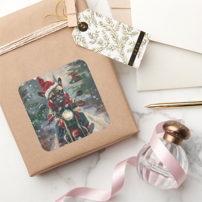 Adesivo Quadrado Natal do Buldogue Francês Andando Motocicleta (Presentear)