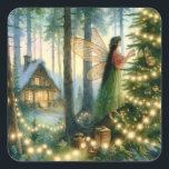 Adesivo Quadrado Natal do Cottage Core Whimsic<br><div class="desc">Ilustração de arte química de uma fada ou anjo decorando uma árvore de Natal com luzes brancas iluminadas com uma linda casota acolhedora no fundo.</div>
