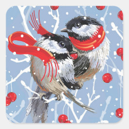 Adesivo Quadrado Natal do Cuddling Chickadees