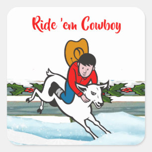 Adesivo Quadrado Natal do Kid Mutton Buster do Rodeo Ocidental