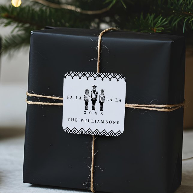 Adesivo Quadrado Natal do Padrão de Trendência Preto e Branco (Black & White Trendy Pattern Nutcracker Christmas Square Sticker)