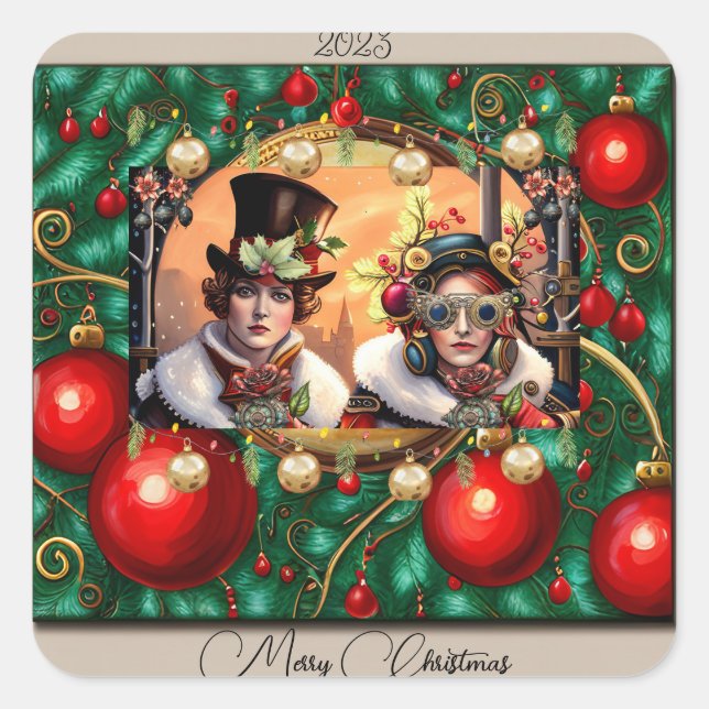 Adesivo Quadrado Natal do Steampunk Two Hearts (Frente)