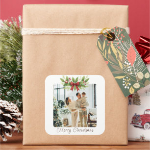 Adesivo Quadrado Natal Elegante com Azevinho e Laço Vermelho - 