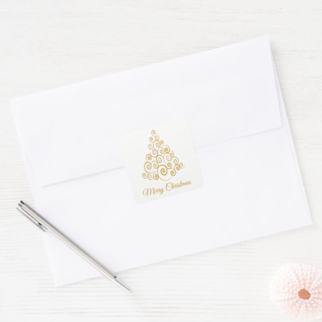 Adesivo Quadrado Natal Elegante de Árvore de Férias Dourada (Envelope)