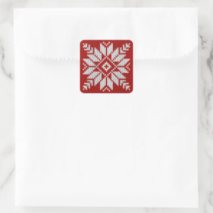 Adesivo Quadrado Natal em Floco de Neve de Tricô Vermelho e Branco 