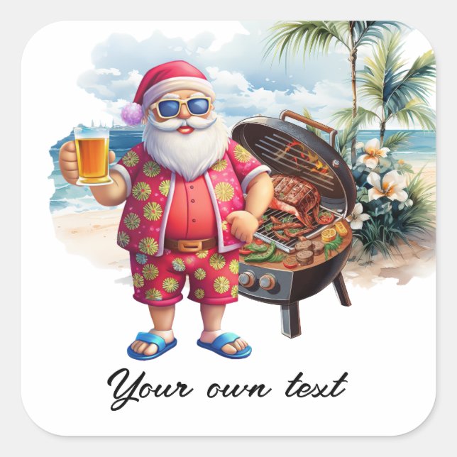 Adesivo Quadrado Natal em julho com Papais noeis no feriado de prai (Frente)