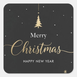 Adesivo Quadrado Natal Feliz Caligráfico Dourado e Preto