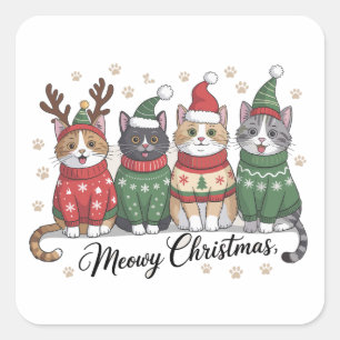 Adesivo Quadrado Natal Feliz do Gato, Gatos Fofos com Chapéu do Pap