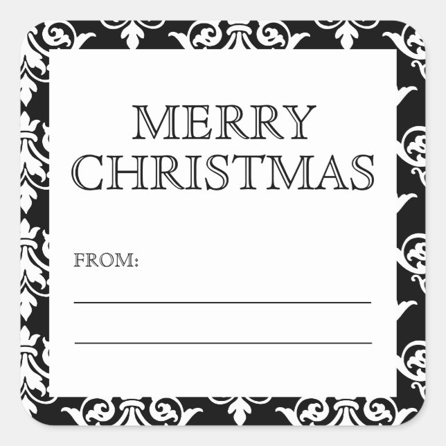 Adesivo Quadrado Natal Feliz em Damasco Vintage Preto e Branco (Frente)