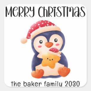 Adesivo Quadrado Natal Festivo Pinguim Vermelho Personalizado