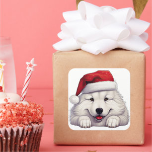 Adesivo Quadrado Natal Festivo Samoyed