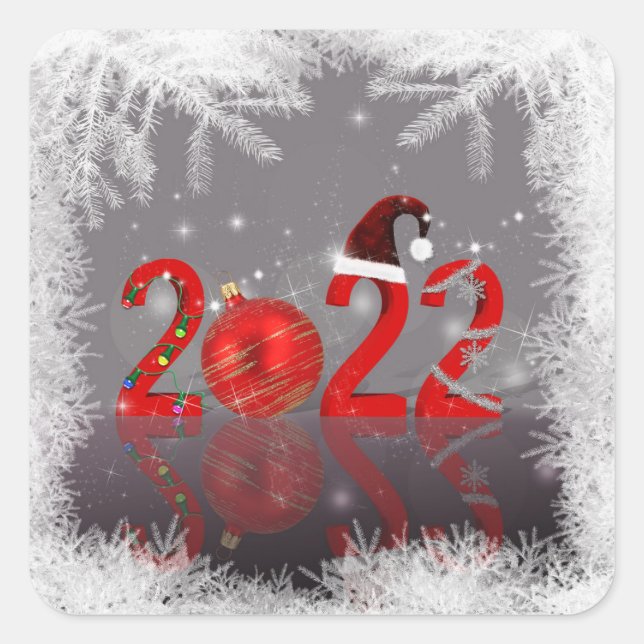 Adesivo Quadrado Natal Festivo Vermelho Feliz Ano Novo 2022 (Frente)