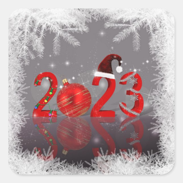 Adesivo Quadrado Natal Festivo Vermelho Feliz Ano Novo 2023 (Frente)