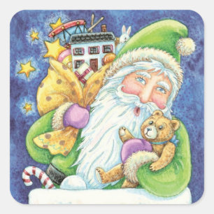 Adesivo Quadrado Natal Fofo, Papai Noel na Chaminé com Brinquedos