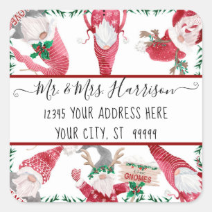 Adesivo Quadrado Natal Gnome Deer Antler Red Watercolor Endereço