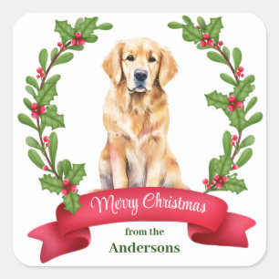 Adesivo Quadrado Natal Holly Banner - Ouro de Retriever