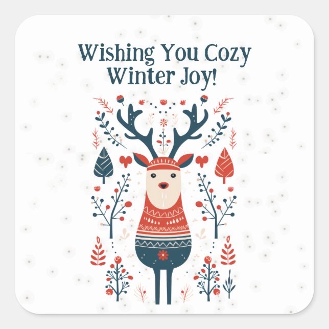 Adesivo Quadrado Natal Hygge Cozy Winter Joy Deer Design (Frente)