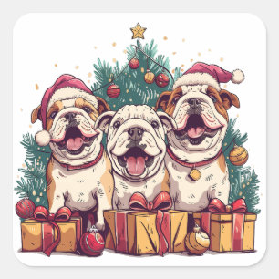 Adesivo Quadrado Natal Inglês Buldogue Santa Hats