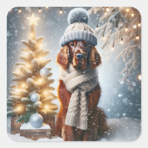 Adesivo Quadrado Natal - Irlandês Setter com Scarf e Hat