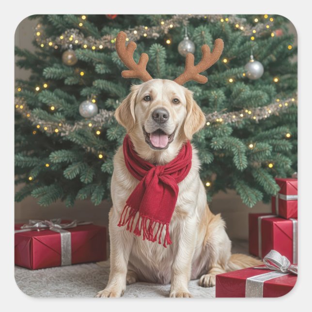 Adesivo Quadrado Natal Labrador Retriever Com Antlers (Frente)