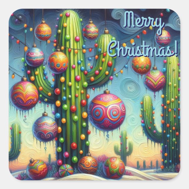 Adesivo Quadrado Natal no Deserto Sudoeste Saguaro Cactus (Frente)