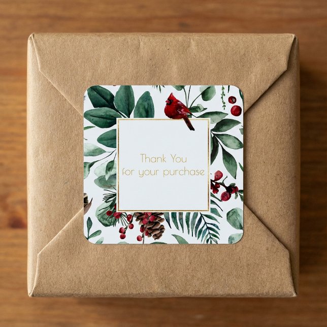 Adesivo Quadrado Natal Obrigado pela sua compra (Christmas Thank you for your purchase Square Sticker.)