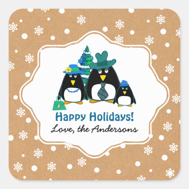 Adesivo Quadrado Natal Personalizado da Família Penguin Engraçado (Frente)