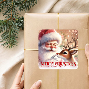 Adesivo Quadrado Natal Personalizado Fofo Papai Noel Rudolph Férias