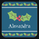 Adesivo Quadrado Natal Personalizado Holly & Berries<br><div class="desc">Estes doces sagrados e bagas são impressos de uma colagem projetada por Helen McCartney Designs.</div>