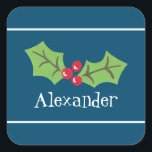 Adesivo Quadrado Natal Personalizado Holly & Berries<br><div class="desc">Estes doces sagrados e bagas são impressos de uma colagem projetada por Helen McCartney Designs.</div>