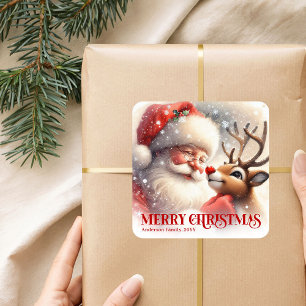 Adesivo Quadrado Natal Personalizado Papai Noel e Rudoflho