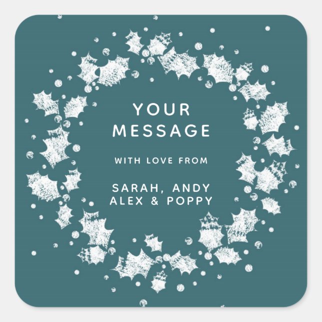 Adesivo Quadrado Natal Personalizado Verde Estilizado Holly Wreath (Frente)