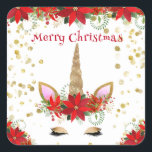 Adesivo Quadrado Natal Poinsettia Unicorn com Favoritos para festas<br><div class="desc">Poinsettia de Natal favoritos para festas Unicórn obrigado você em Vermelho para uma festa festiva de Férias.</div>