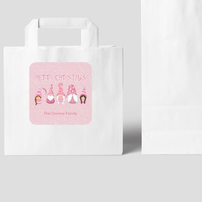 Adesivo Quadrado Natal Rosa Cinco Gnomos Família Personalizada (Custom Pink Christmas Five Gnomes custom Family Square Sticker- Personalized, Festive)