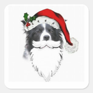 Adesivo Quadrado Natal Sticker~Santa de border collie com barba