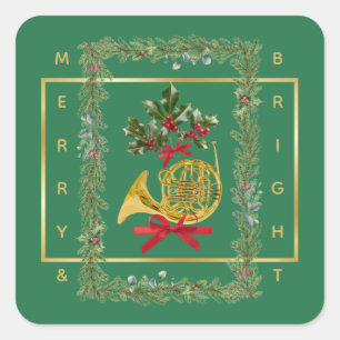 Adesivo Quadrado Natal Verde Elegante com Trompa Francesa