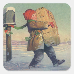 Adesivo Quadrado Natal vintage, criança com grande pacote