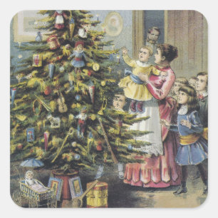 Adesivo Quadrado Natal vintage, família do Victorian em torno da