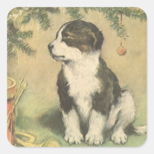 Adesivo Quadrado Natal vintage, filhote de cachorro bonito sob a