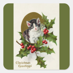 Adesivo Quadrado Natal vintage Gatinho Verde