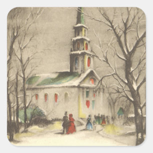 Adesivo Quadrado Natal vintage, igreja no inverno Snowscape