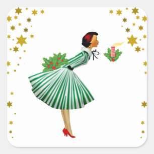 Adesivo Quadrado Natal vintage Mulher soprando uma vela